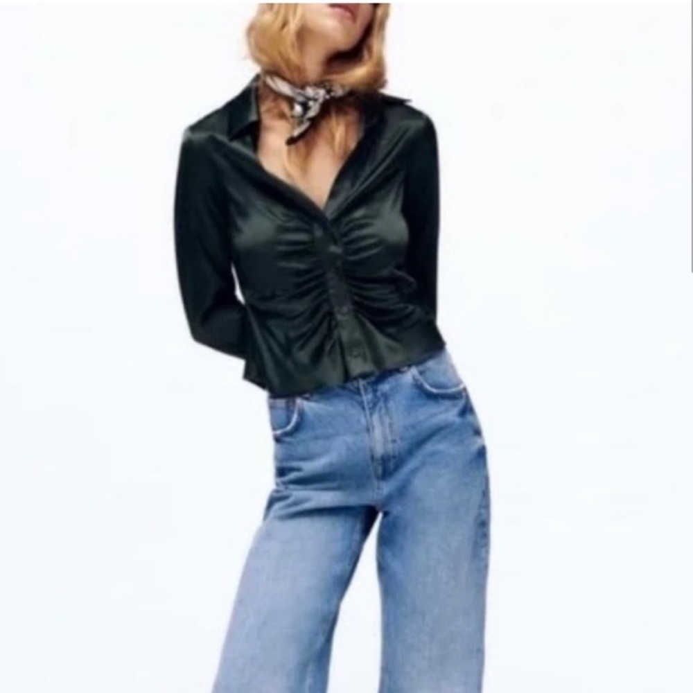 ZARA RUCHED SATIN BUTTON-DOWN TOP NWT